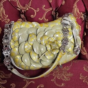 Brighton Leather Rosalie 3D Rose Flower Shoulder Handbag Embellish Silver Strap